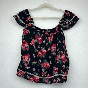 Lily White Top Womens Blouse Ruffle Black Floral Sz M